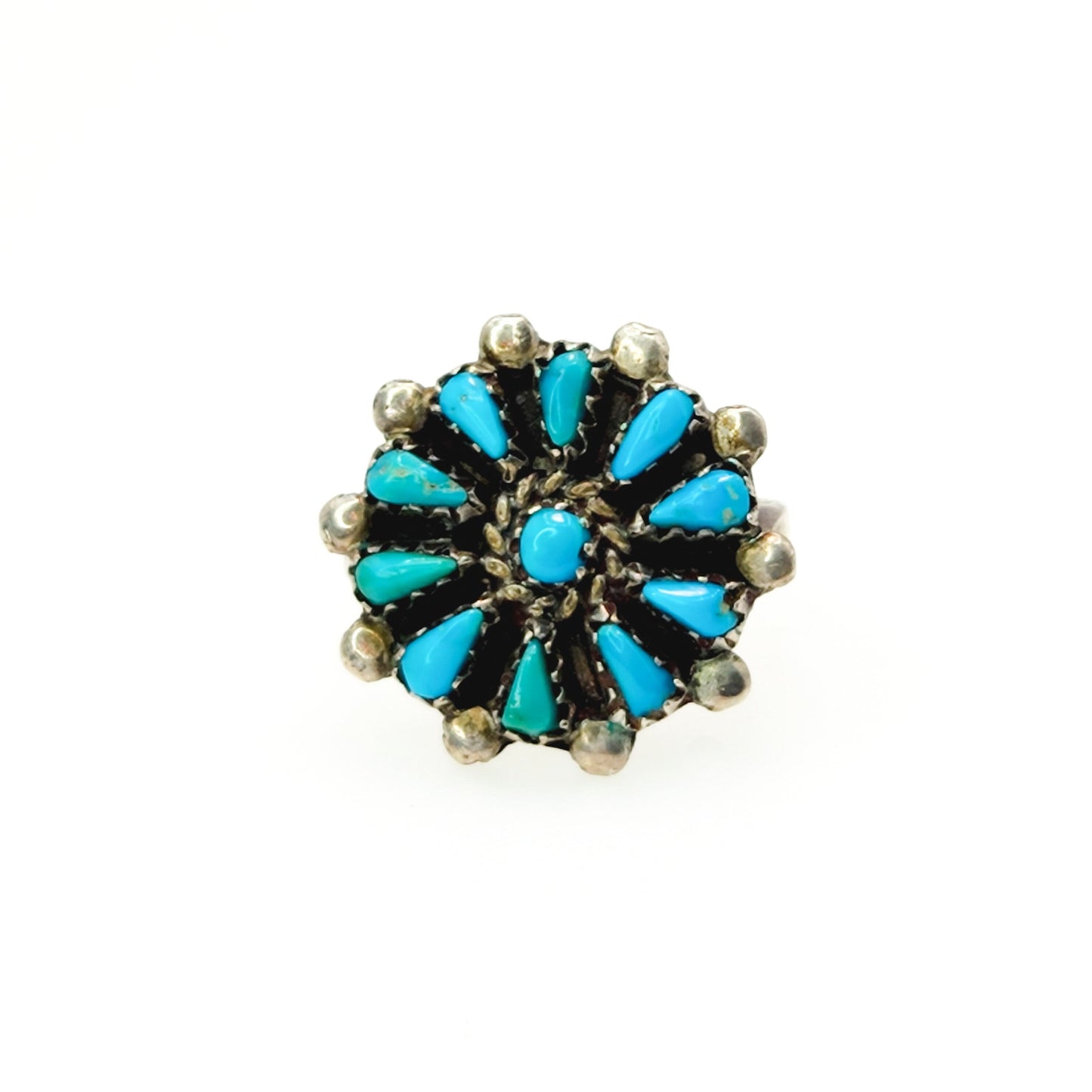 Vintage 1980s Turquoise and Sterling Silver Petit Point Flower Ring Size 8 - 80s Blue Turquoise Southwestern Cluster Silver Ring