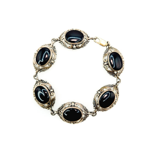 Vintage 1980s Onyx Cabochon and Sterling Silver Link 7" Bracelet - 80s Imitation Black Onyx, Silver Bracelet