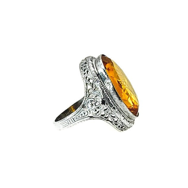 Antique 1920s Art Deco Orange Glass, Silver Ring - Deco Faceted Glass and Sterling Silver Pinky Ring Size 4.25 - Antique Pinky Ring