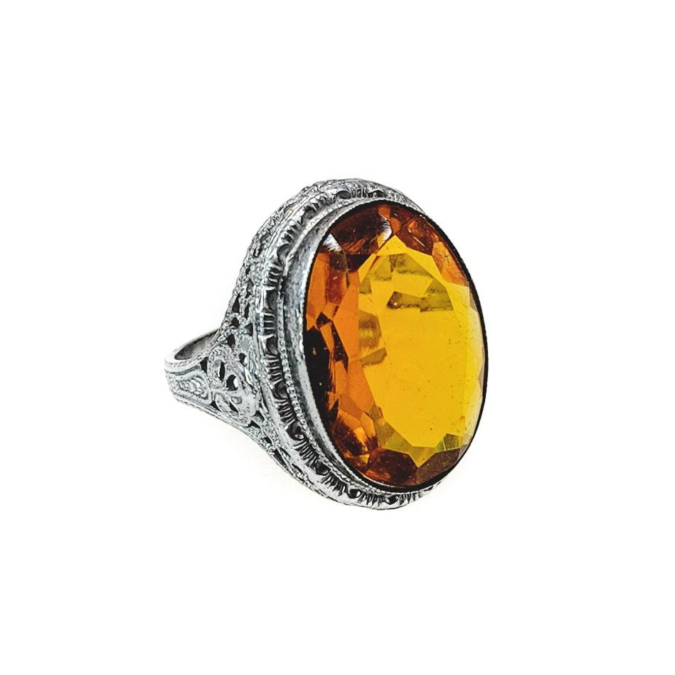 Antique 1920s Art Deco Orange Glass, Silver Ring - Deco Faceted Glass and Sterling Silver Pinky Ring Size 4.25 - Antique Pinky Ring