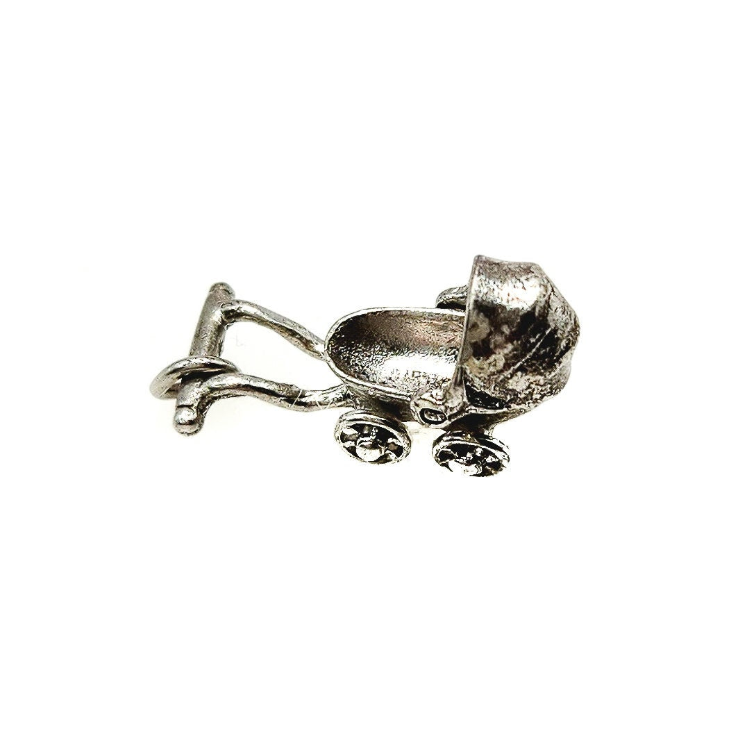 Vintage Baby Carriage Charm - 1960s Sterling Silver Baby Carriage Moveable Charm - Silver