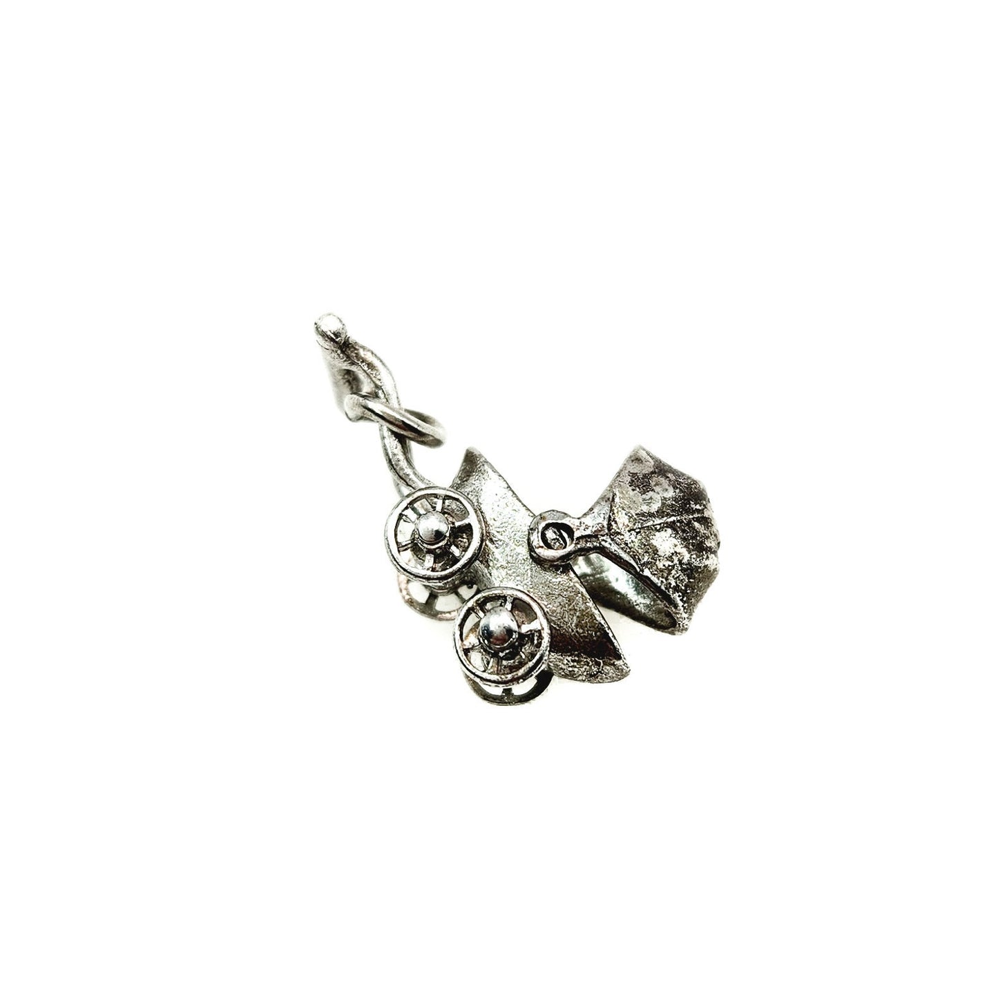 Vintage Baby Carriage Charm - 1960s Sterling Silver Baby Carriage Moveable Charm - Silver