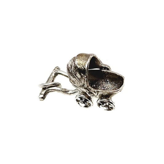 Vintage Baby Carriage Charm - 1960s Sterling Silver Baby Carriage Moveable Charm - Silver