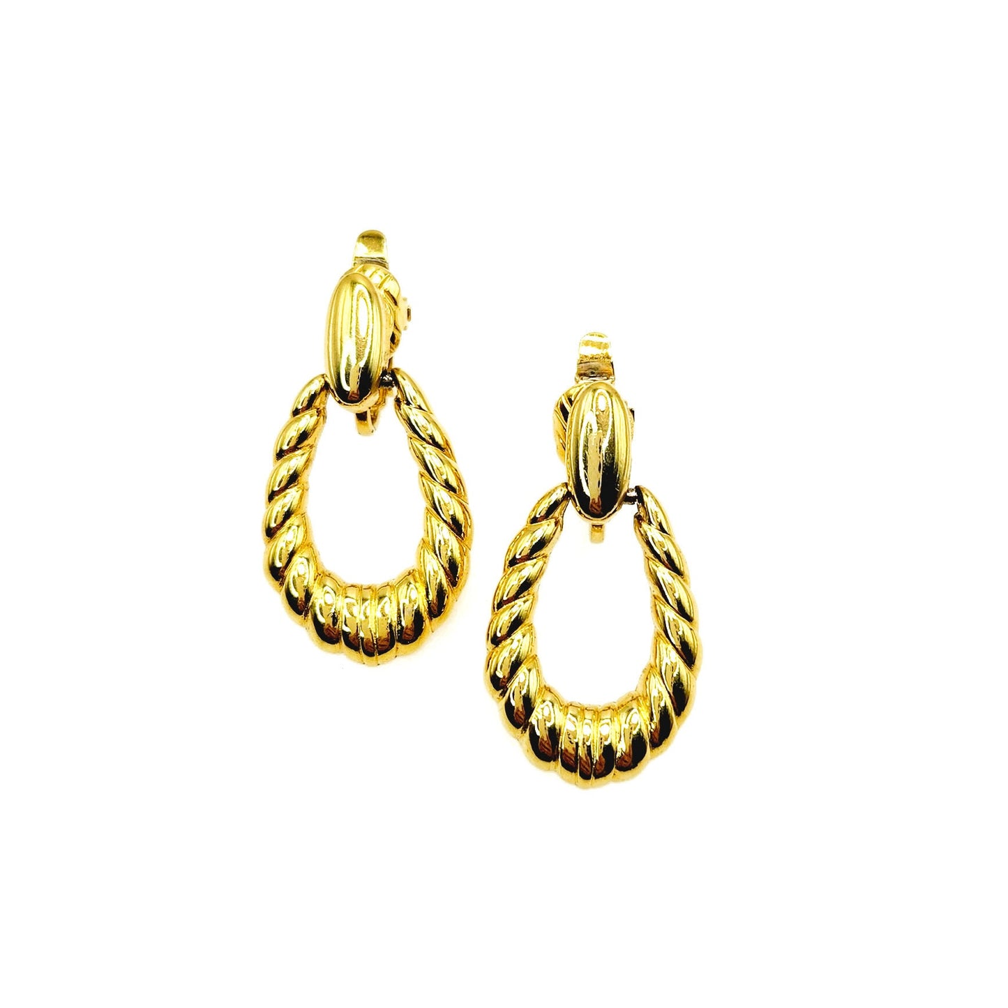 Vintage 1980s TRIFARI Hoop Earrings - Yellow Gold Plate Dangle Hoop Clip On Earrings - Non Pierced Gold Costume Hoop Earrings