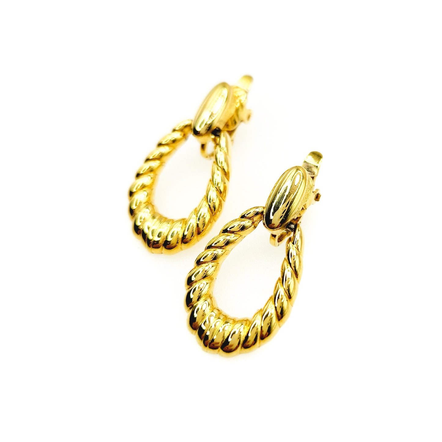 Vintage 1980s TRIFARI Hoop Earrings - Yellow Gold Plate Dangle Hoop Clip On Earrings - Non Pierced Gold Costume Hoop Earrings