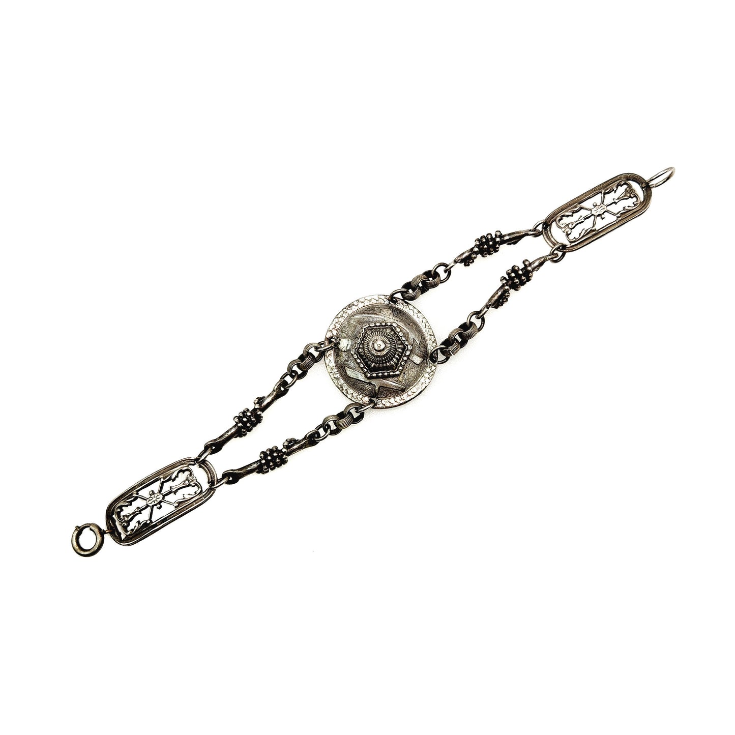 Antique Victorian Silver Bracelet - 1890s Late Victorian Etruscan Revival Medallion Silver 6.5" Bracelet