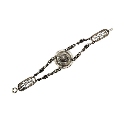 Antique Victorian Silver Bracelet - 1890s Late Victorian Etruscan Revival Medallion Silver 6.5" Bracelet