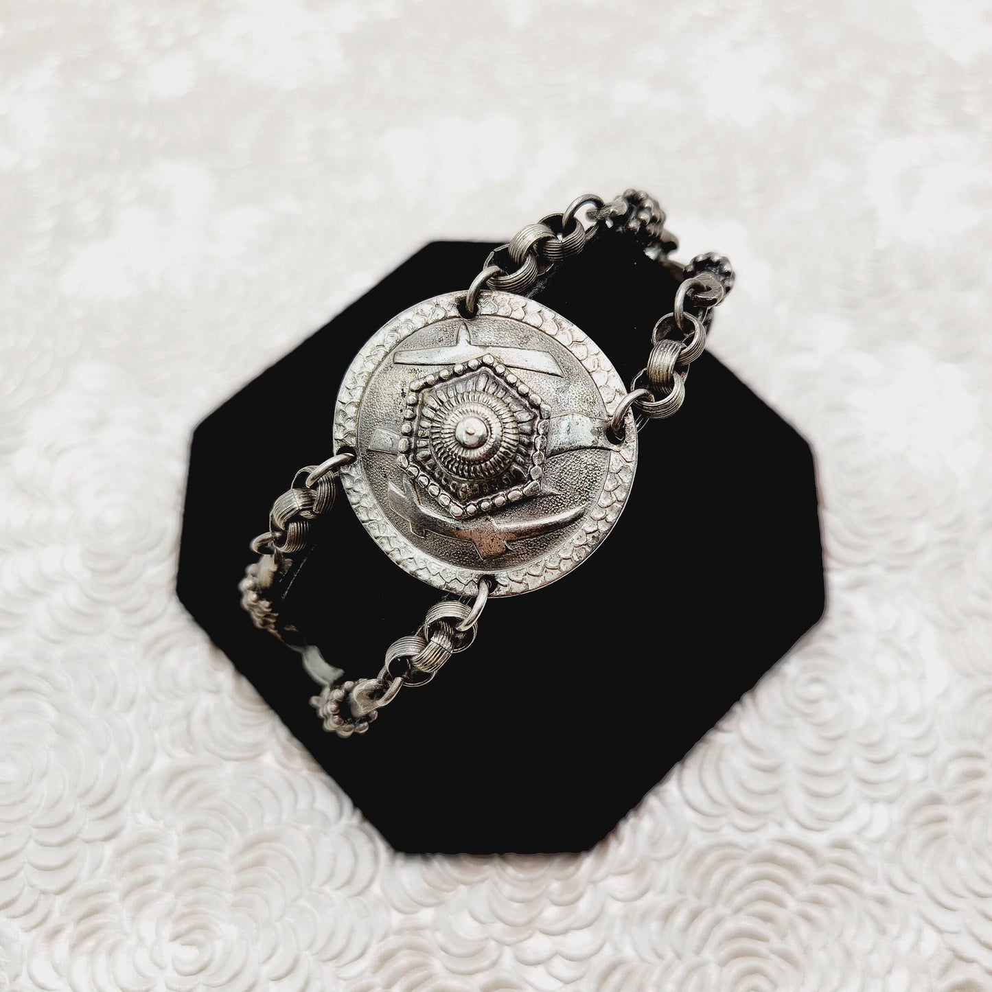 Antique Victorian Silver Bracelet - 1890s Late Victorian Etruscan Revival Medallion Silver 6.5" Bracelet