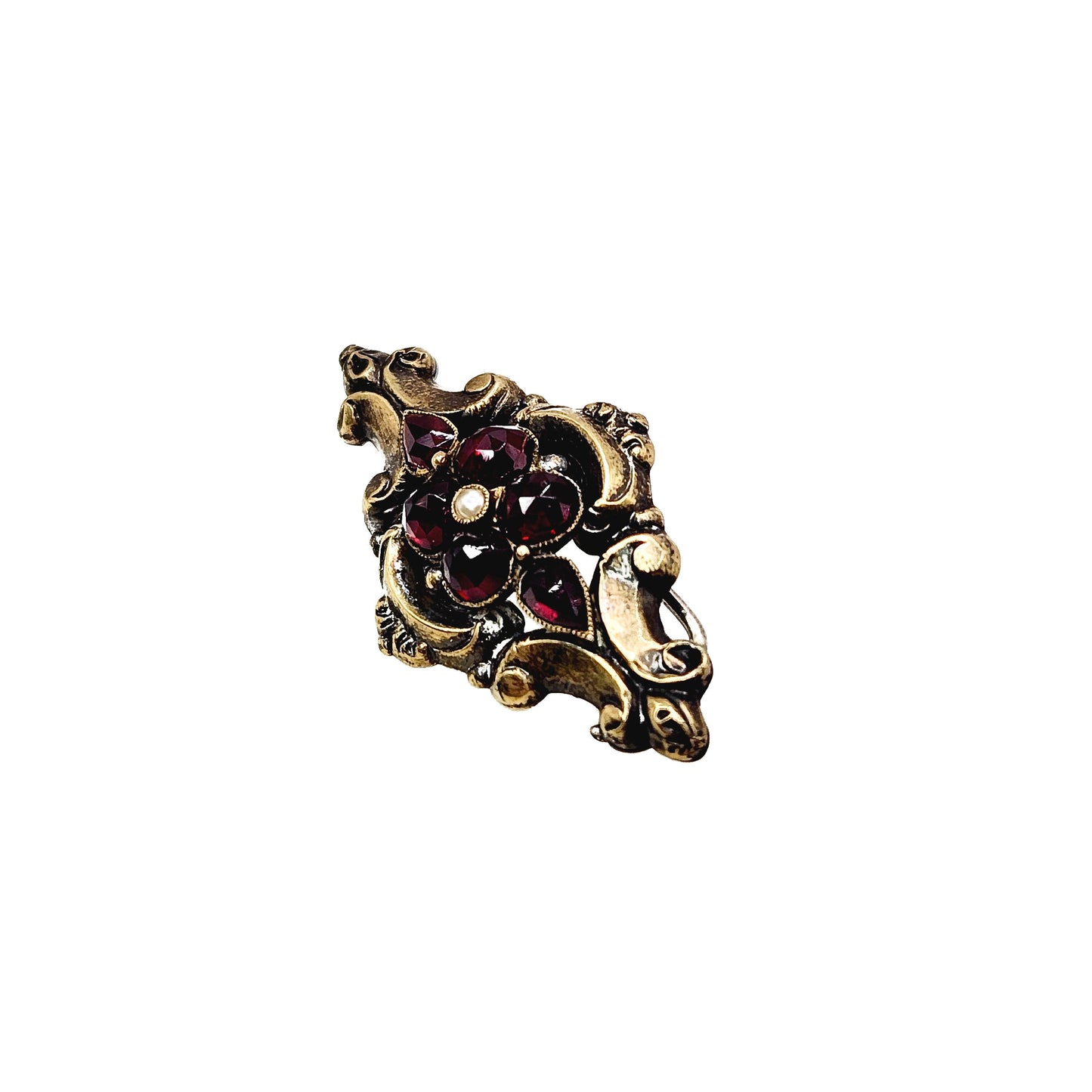 Antique Victorian Garnet, Pearl Brooch - 1850s Early Victorian Gold Plate Brooch, Victorian Red and White Gemstone Yellow Gold Pin