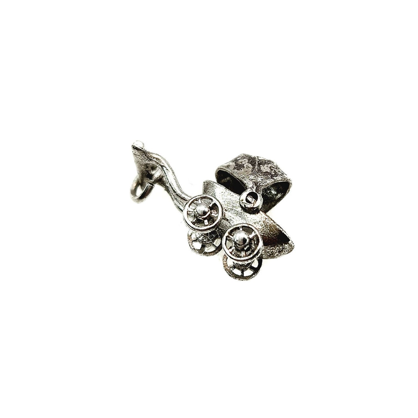 Vintage Baby Carriage Charm - 1960s Sterling Silver Baby Carriage Moveable Charm - Silver