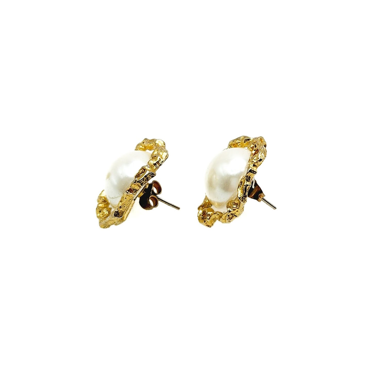 Vintage Costume Pearl Earrings - 1980s Imitation Pearl and Gold Tone Stud Costume Earrings - Pierced White Imitation Pearl Statement Ears