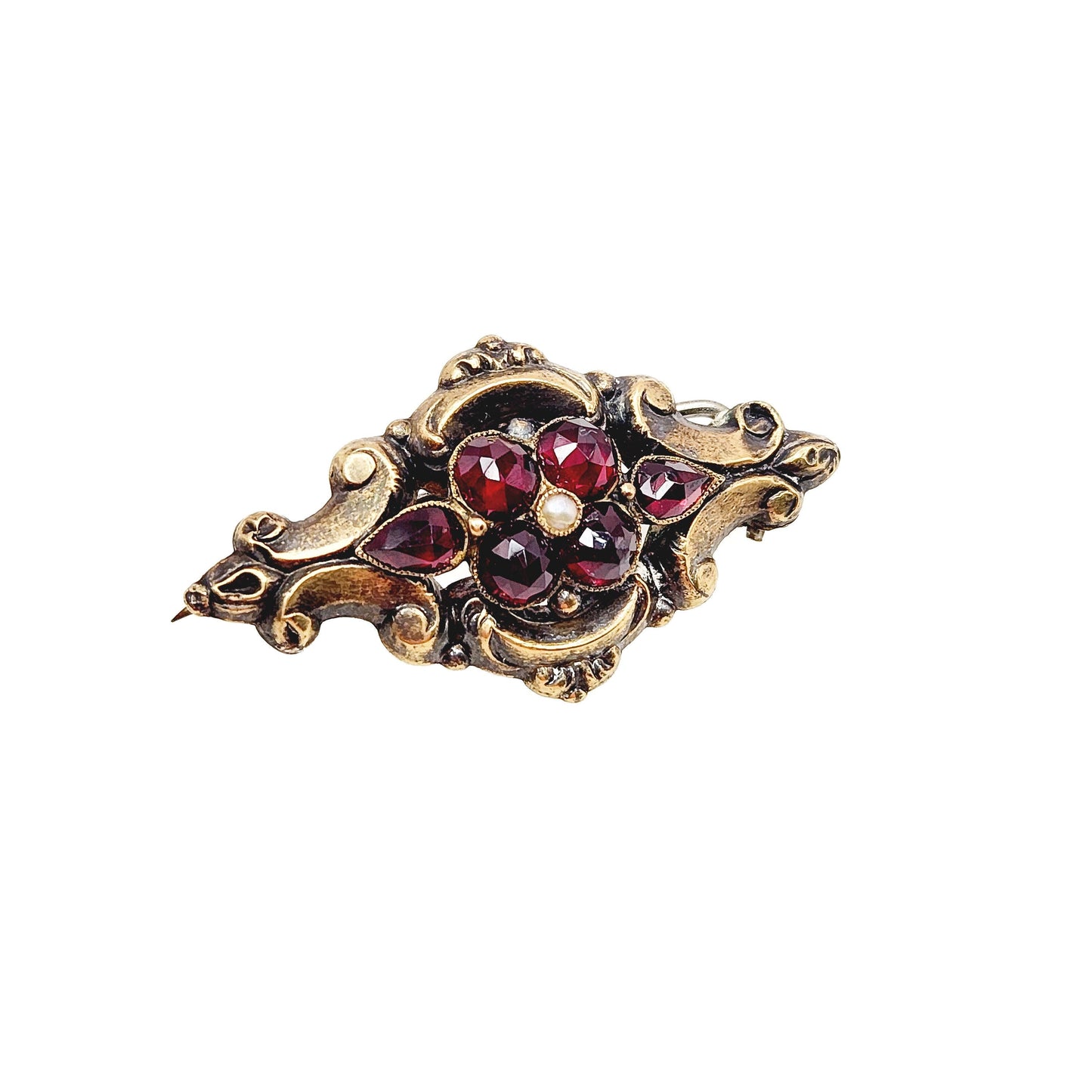 Antique Victorian Garnet, Pearl Brooch - 1850s Early Victorian Gold Plate Brooch, Victorian Red and White Gemstone Yellow Gold Pin