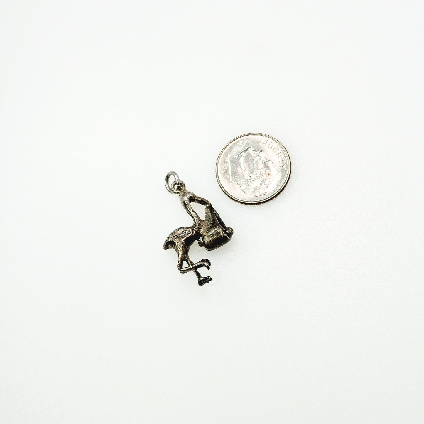 Vintage 1960s Sterling Silver Stork and Baby Bundle Charm - 60s Silver Stork and Baby Charm - Vintage Silver Baby Shower Gift