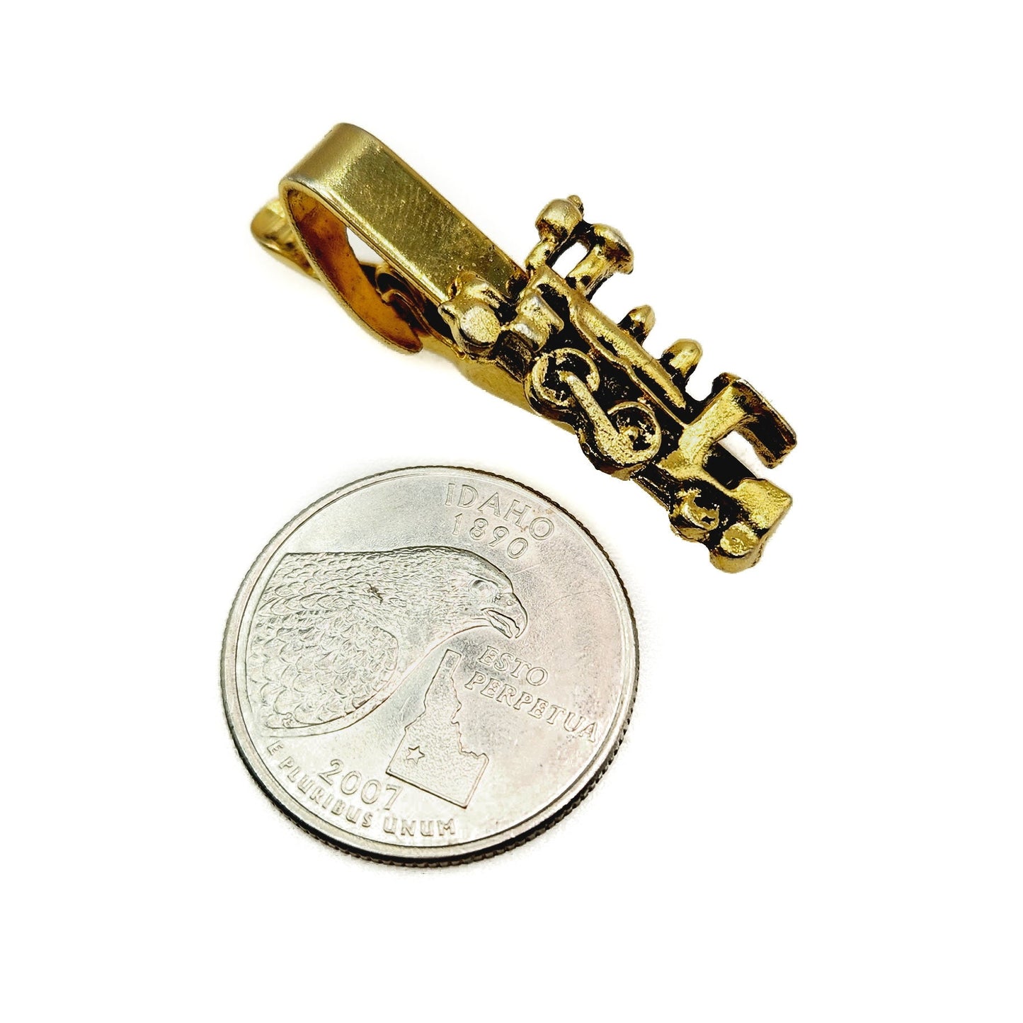 Vintage 1970s Train Tie Clip - 70s Yellow Gold Tone Steam Train Tie Clip - Train Jewelry for Men