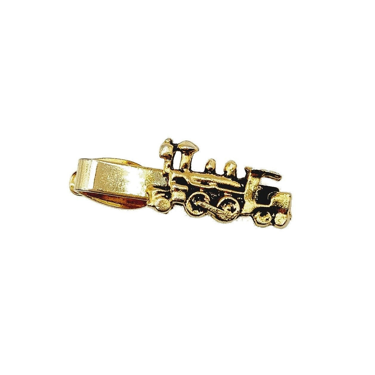 Vintage 1970s Train Tie Clip - 70s Yellow Gold Tone Steam Train Tie Clip - Train Jewelry for Men