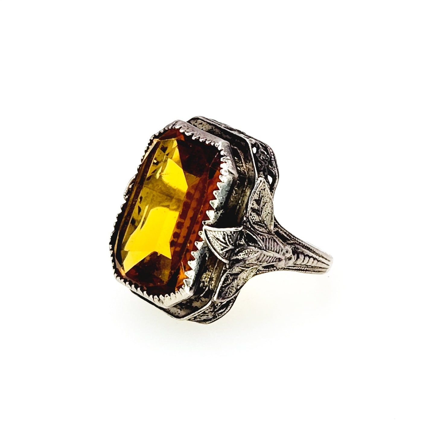 Antique 1920s Art Deco Orange Glass and Sterling Foliate Statement Ring Size 4.25 - Antique Orange Glass Large Pinky Ring