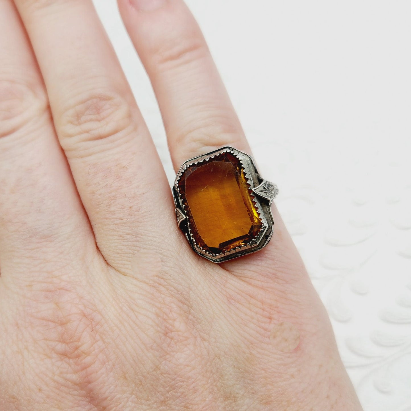 Antique 1920s Art Deco Orange Glass and Sterling Foliate Statement Ring Size 4.25 - Antique Orange Glass Large Pinky Ring