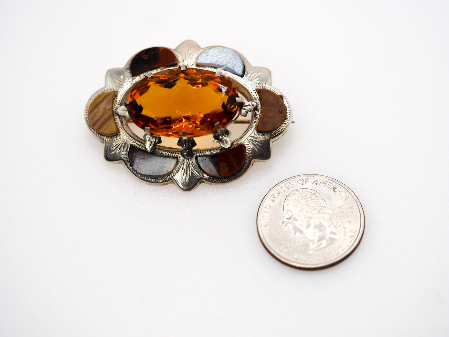 Vintage 1950s Scottish Pebble Agate, Bloodstone, Jasper, Orange Glass, and Sterling Silver Oval Large Brooch - Vintage Scottish Agate Pin