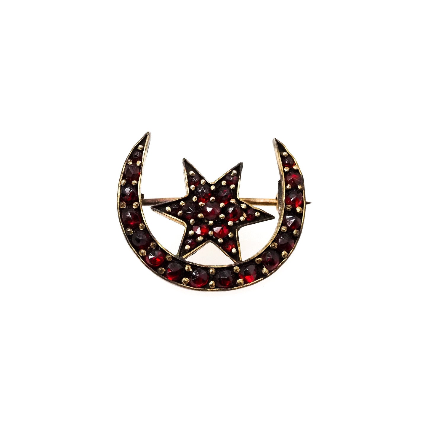 Antique 1910s Rose Cut Bohemian Garnet Star and Crescent Moon Cluster Gilt Brooch - Red Czech Garnet Star Moon Brooch - Red Gemstone Pin