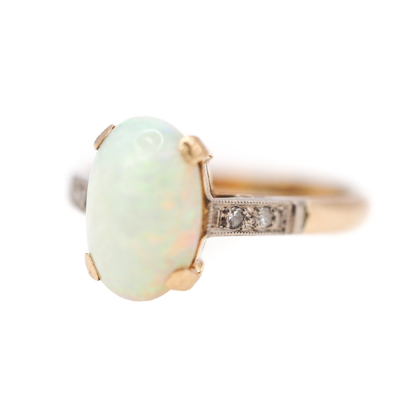 Vintage 1930s Art Deco Opal Cabochon, Diamond, and Two Tone 18K Gold Ring Size 7.75 - 30s White Opal, Diamond Mixed Metal Ring