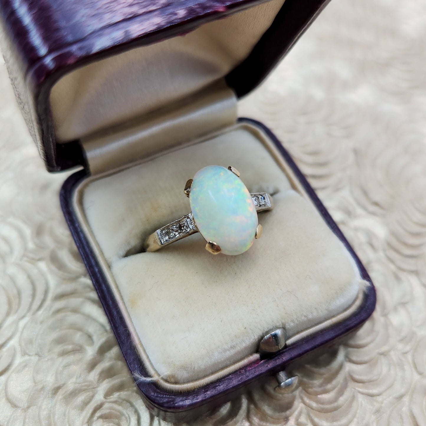 Vintage 1930s Art Deco Opal Cabochon, Diamond, and Two Tone 18K Gold Ring Size 7.75 - 30s White Opal, Diamond Mixed Metal Ring