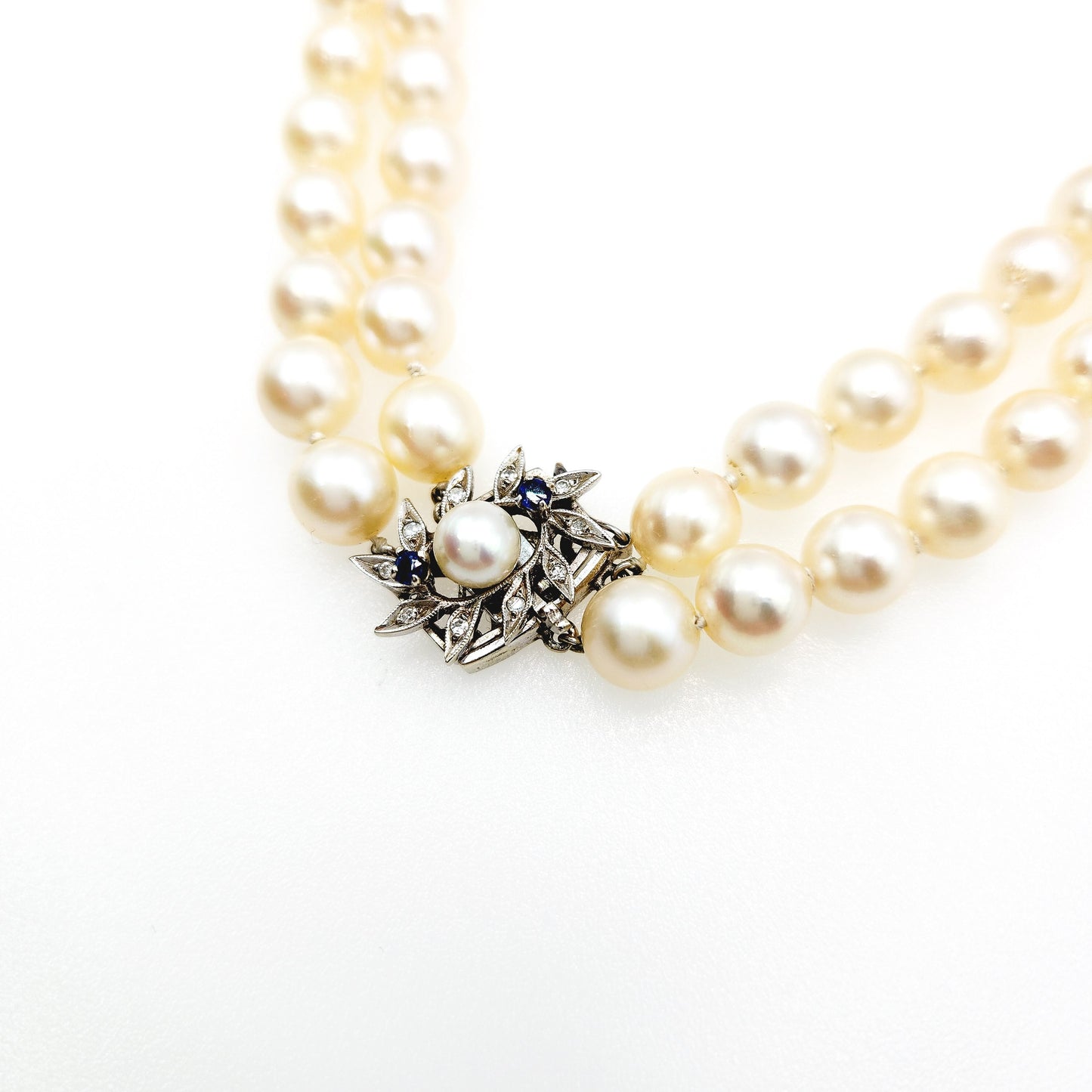 Vintage 1950s Cultured Japanese Akoya Pearl Double Strand with 14K White Gold, Sapphire, Diamond Clasp 16" Necklace - Vintage Pearl Necklace