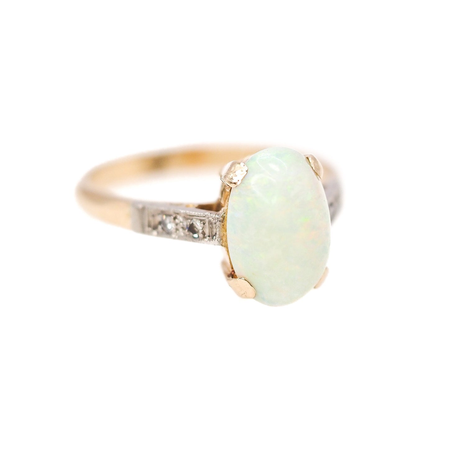 Vintage 1930s Art Deco Opal Cabochon, Diamond, and Two Tone 18K Gold Ring Size 7.75 - 30s White Opal, Diamond Mixed Metal Ring