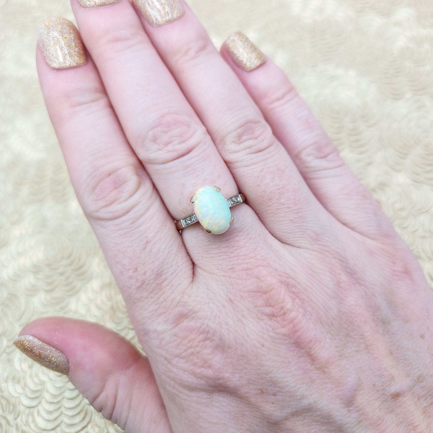 Vintage 1930s Art Deco Opal Cabochon, Diamond, and Two Tone 18K Gold Ring Size 7.75 - 30s White Opal, Diamond Mixed Metal Ring