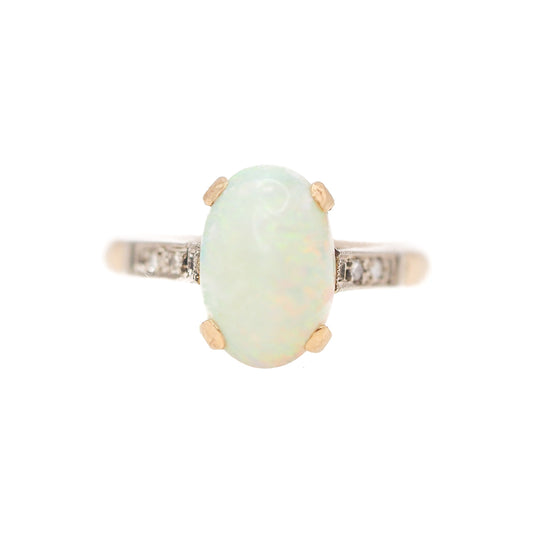 Vintage 1930s Art Deco Opal Cabochon, Diamond, and Two Tone 18K Gold Ring Size 7.75 - 30s White Opal, Diamond Mixed Metal Ring