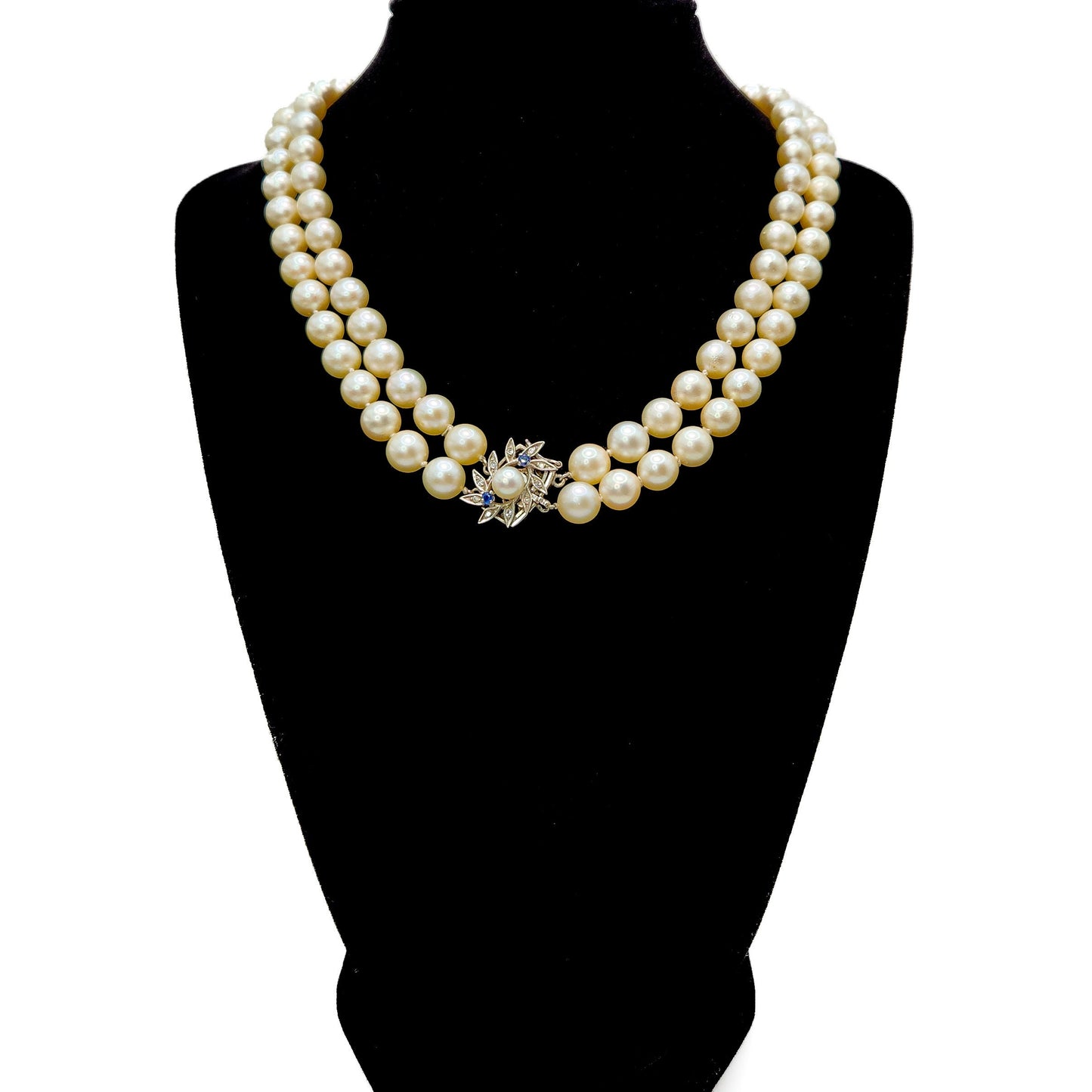 Vintage 1950s Cultured Japanese Akoya Pearl Double Strand with 14K White Gold, Sapphire, Diamond Clasp 16" Necklace - Vintage Pearl Necklace