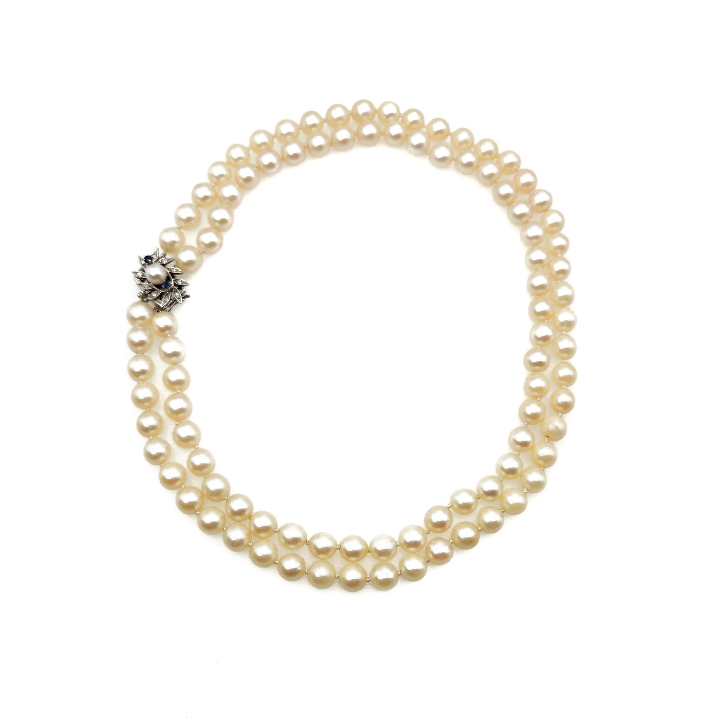 Vintage 1950s Cultured Japanese Akoya Pearl Double Strand with 14K White Gold, Sapphire, Diamond Clasp 16" Necklace - Vintage Pearl Necklace