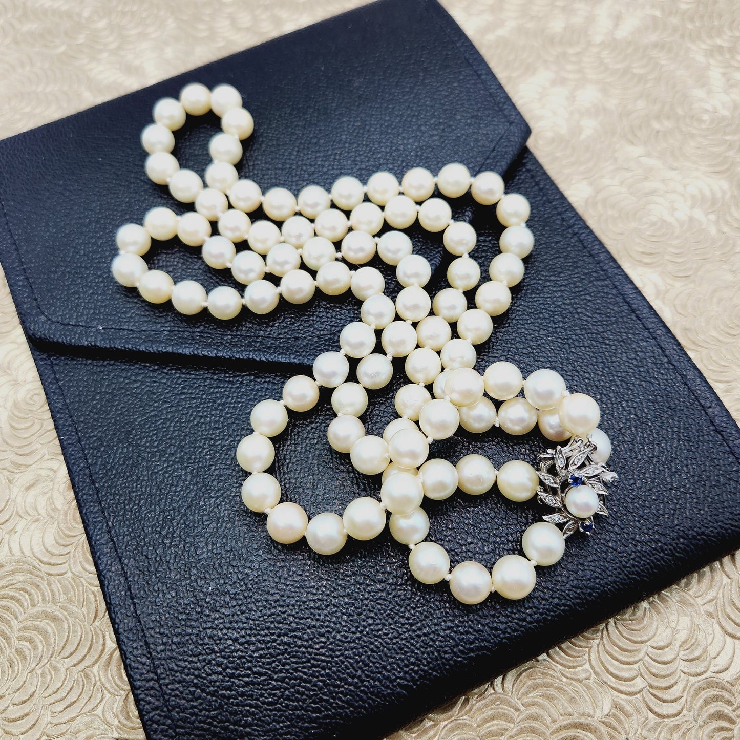 Vintage 1950s Cultured Japanese Akoya Pearl Double Strand with 14K White Gold, Sapphire, Diamond Clasp 16" Necklace - Vintage Pearl Necklace