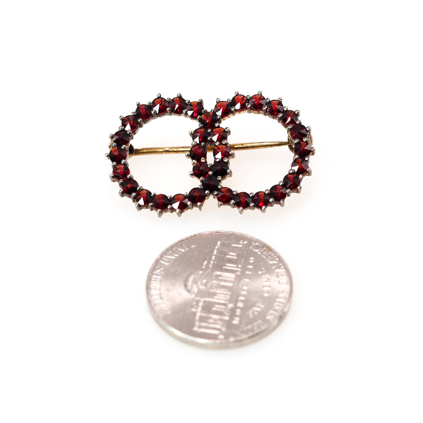 Vintage 1960s Garnet, Silver Brooch - 60s Red Rose Cut Pyrope Garnet and Gold Washed 900 Silver Double Circle Pin Brooch -  Gemstone Pin