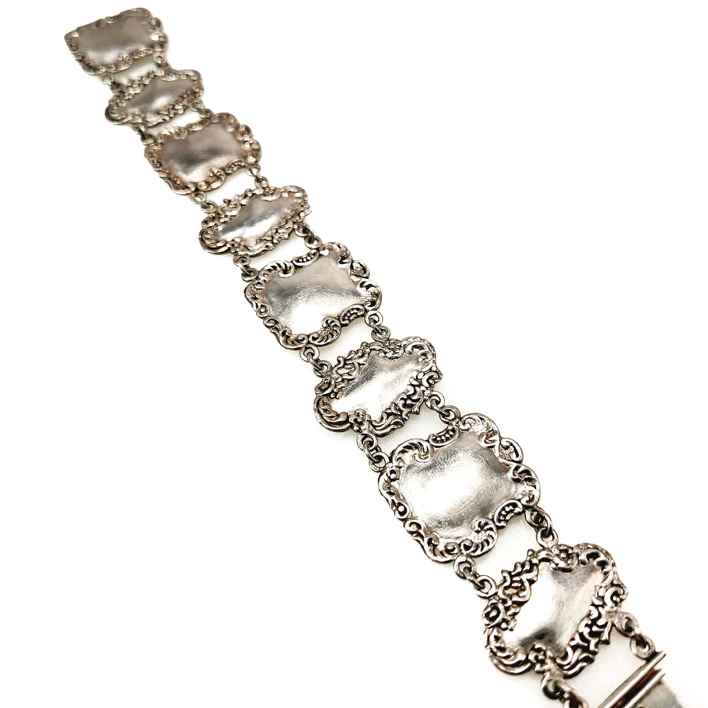 Antique 1920s Silver Large Mirror Link Repousse Statement 6.75" Bracelet - 20s Large Silver Bracelet