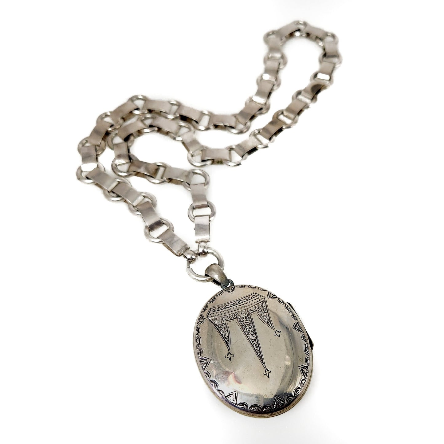 Antique Silver Victorian Locket - 1880s Mid Victorian Etched Silver Locket - Book Chain Chunky Statement 18" Locket Necklace