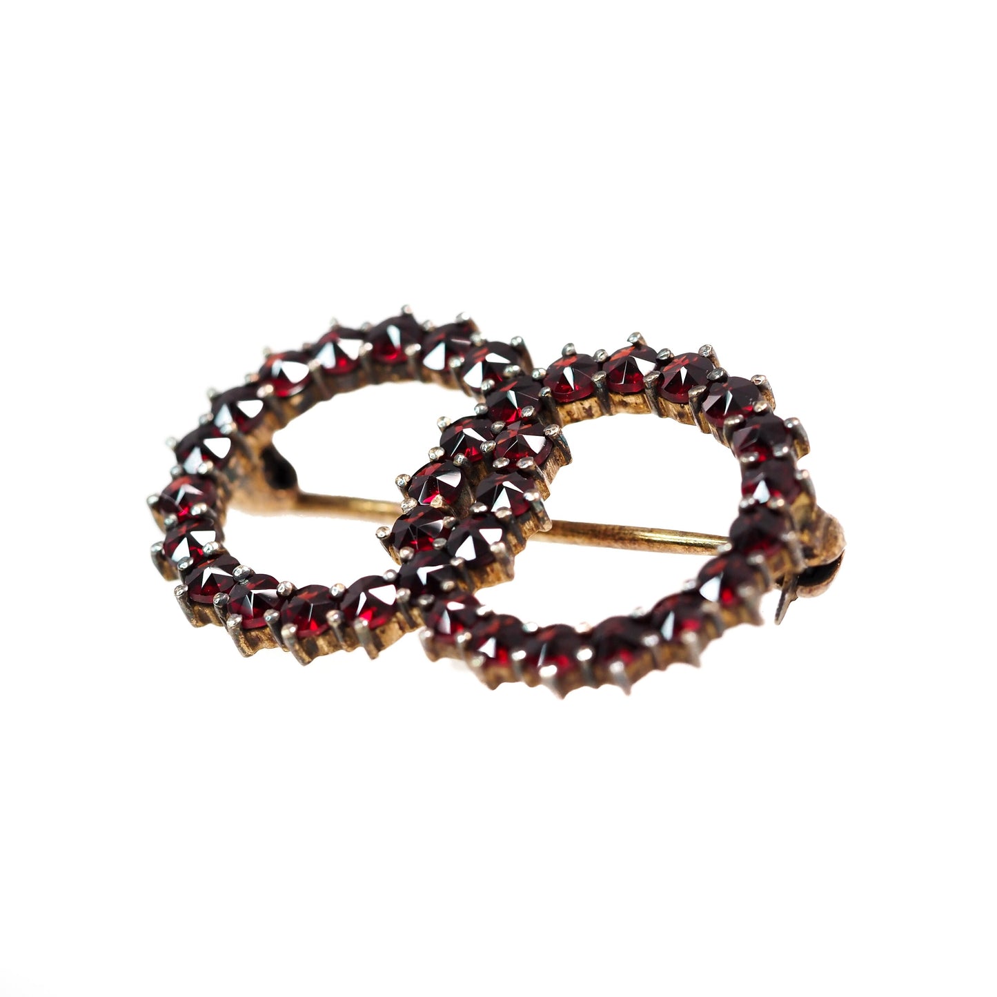 Vintage 1960s Garnet, Silver Brooch - 60s Red Rose Cut Pyrope Garnet and Gold Washed 900 Silver Double Circle Pin Brooch -  Gemstone Pin