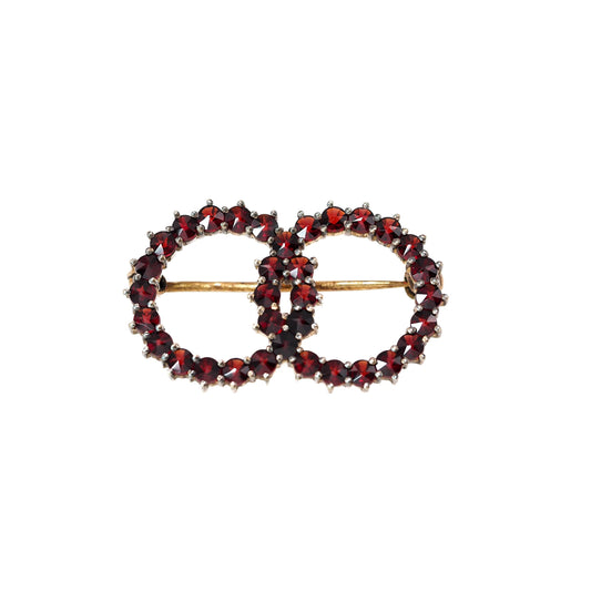 Vintage 1960s Garnet, Silver Brooch - 60s Red Rose Cut Pyrope Garnet and Gold Washed 900 Silver Double Circle Pin Brooch -  Gemstone Pin