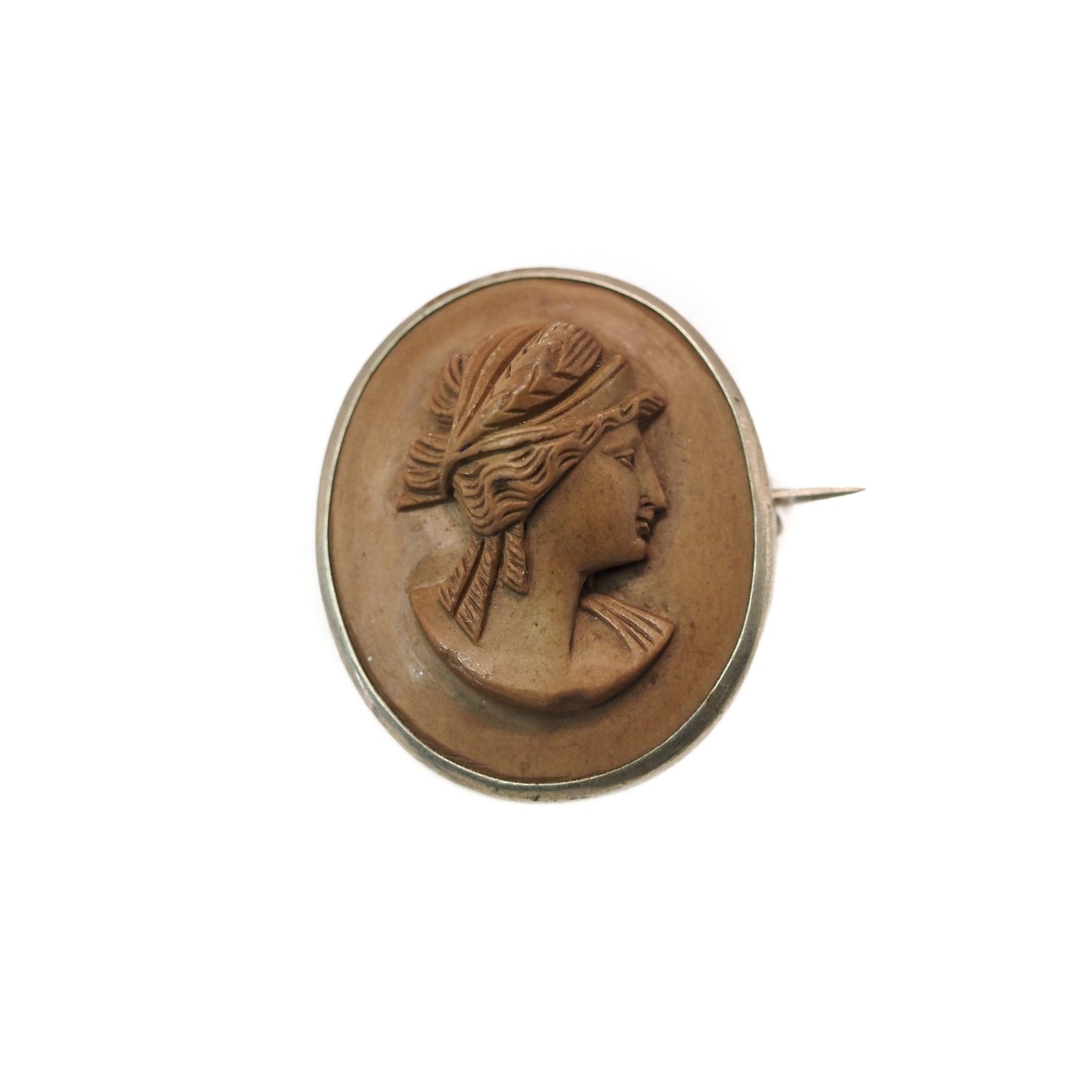 Antique Brown Lava Cameo - 1880s Mid Victorian Lava and Silver Carved Woman Cameo Brooch - Victorian Cameo Hand Carved Brooch