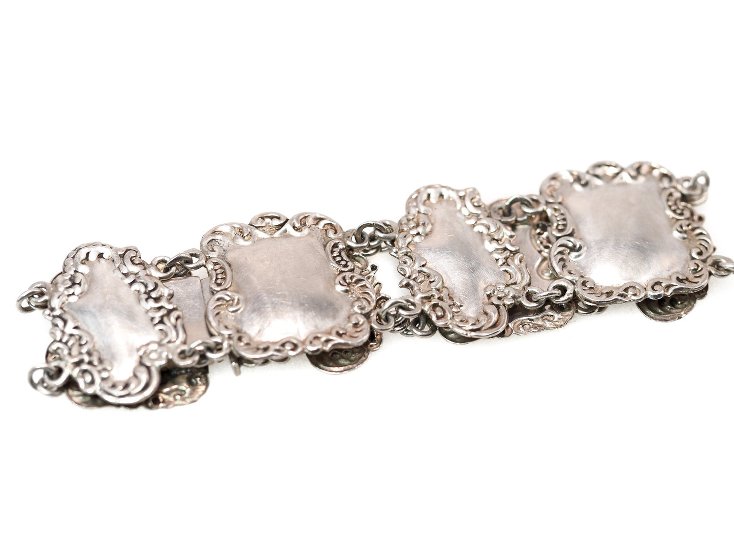 Antique 1920s Silver Large Mirror Link Repousse Statement 6.75" Bracelet - 20s Large Silver Bracelet