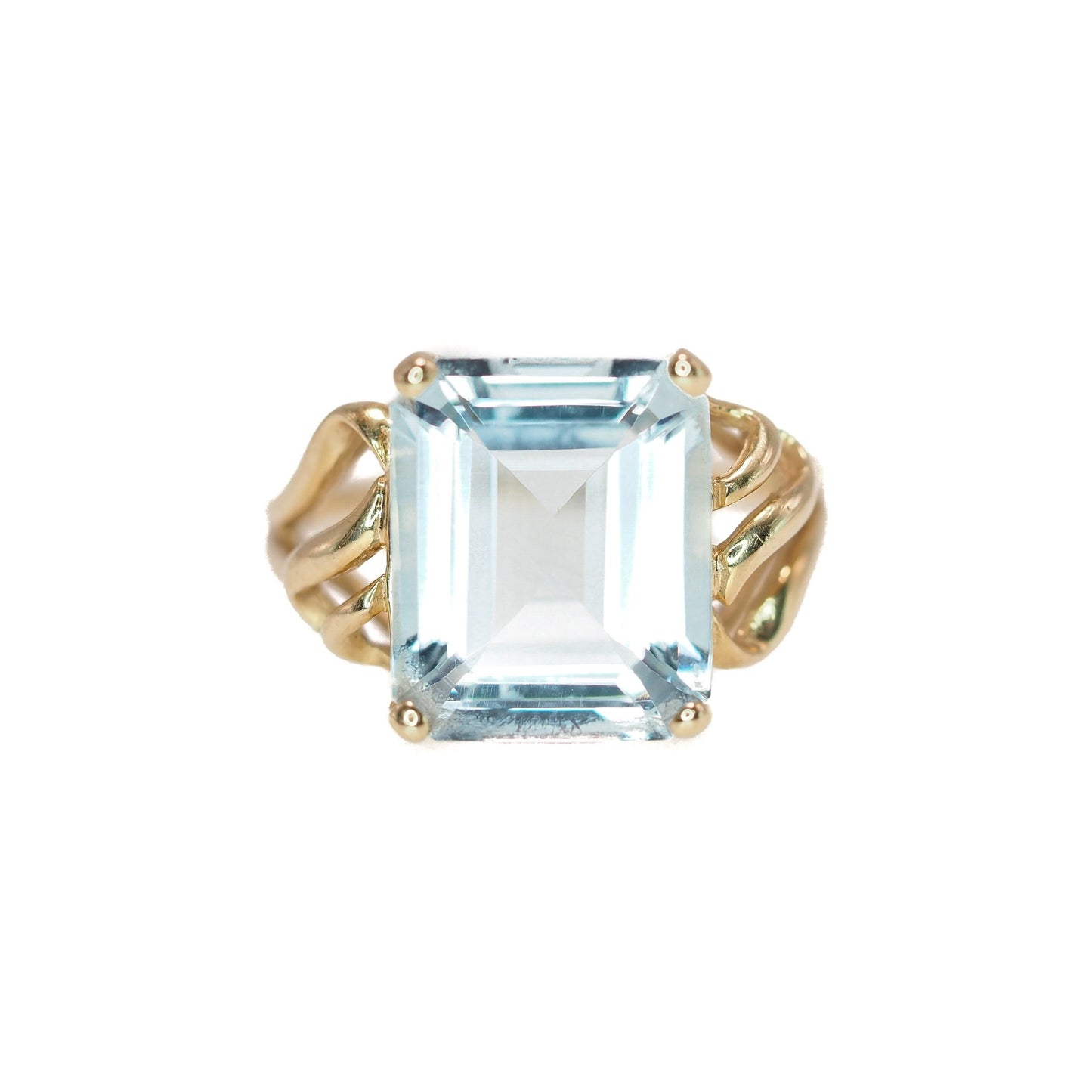 Vintage 1980s 5.11-Carat Natural Emerald Cut Aquamarine and 14K Yellow Gold Solitaire Ring Size 6 - Vintage Blue Gemstone Ring