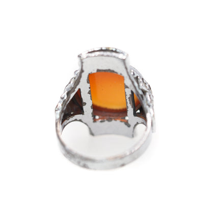 Vintage 1930s Art Deco Orange Carnelian Cabochon, Marcasite, and Sterling Plate Ring Size 5