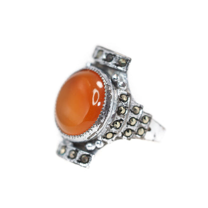 Vintage 1930s Art Deco Orange Carnelian Cabochon, Marcasite, and Sterling Plate Ring Size 5