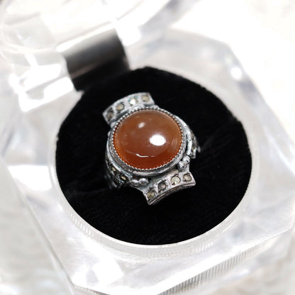 Vintage 1930s Art Deco Orange Carnelian Cabochon, Marcasite, and Sterling Plate Ring Size 5