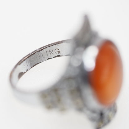 Vintage 1930s Art Deco Orange Carnelian Cabochon, Marcasite, and Sterling Plate Ring Size 5