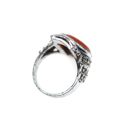 Vintage 1930s Art Deco Orange Carnelian Cabochon, Marcasite, and Sterling Plate Ring Size 5