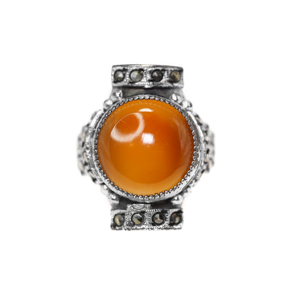 Vintage 1930s Art Deco Orange Carnelian Cabochon, Marcasite, and Sterling Plate Ring Size 5