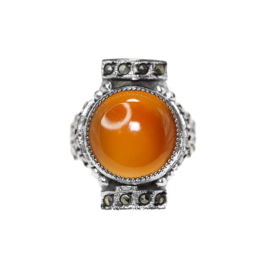 Vintage 1930s Art Deco Carnelian Cabochon, Marcasite, and Sterling Plate Ring Size 5 - 30s Orange Carnelian, Marcasite, Silver Plate Ring