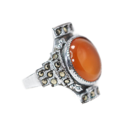 Vintage 1930s Art Deco Orange Carnelian Cabochon, Marcasite, and Sterling Plate Ring Size 5