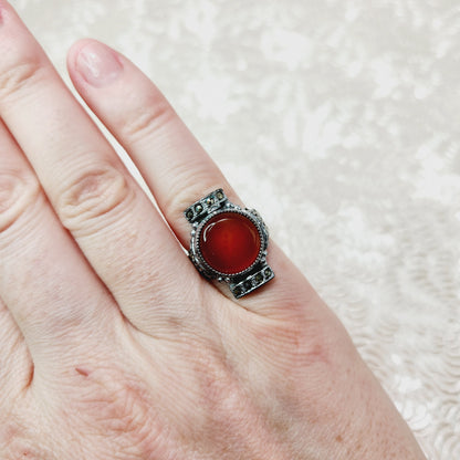 Vintage 1930s Art Deco Orange Carnelian Cabochon, Marcasite, and Sterling Plate Ring Size 5