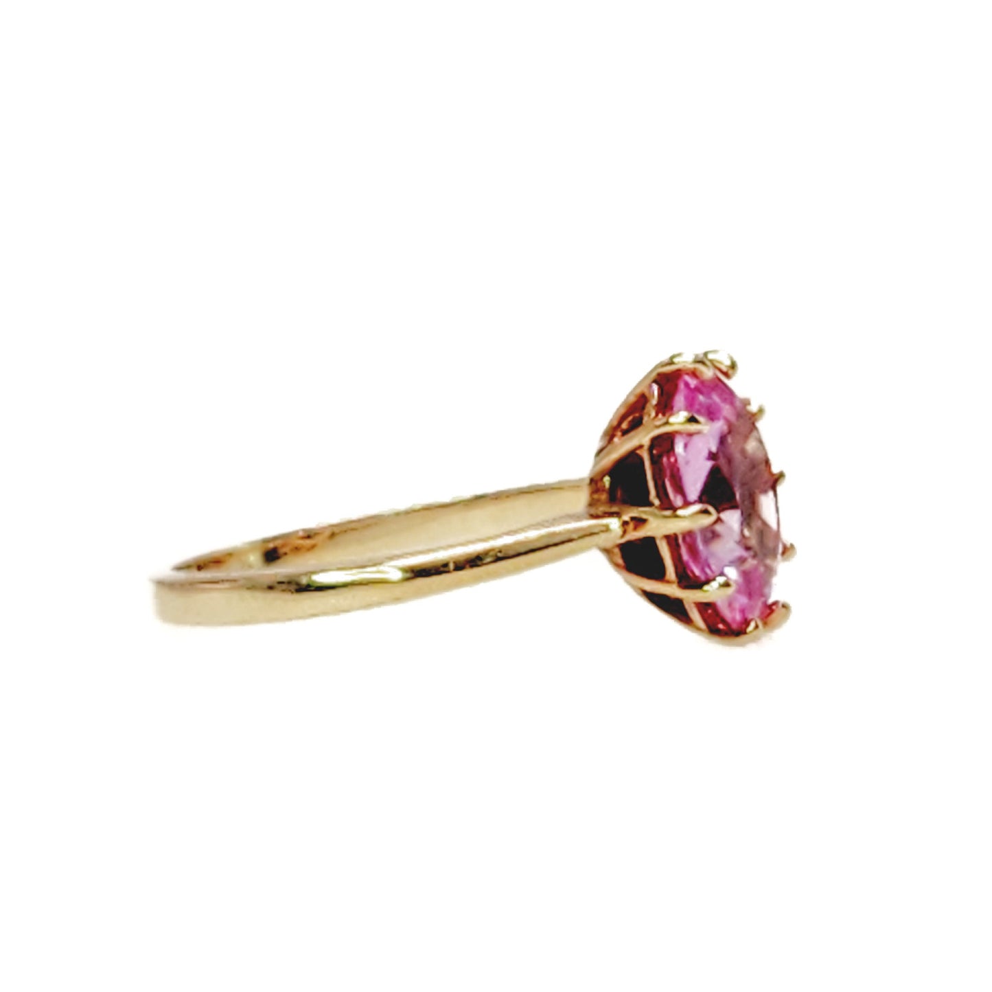 Vintage 1960s Oval Cut Lab Created Pink Sapphire and 10K Solitaire Ring Size 5 - 60s Yellow Gold, Pink Lab Sapphire Ring